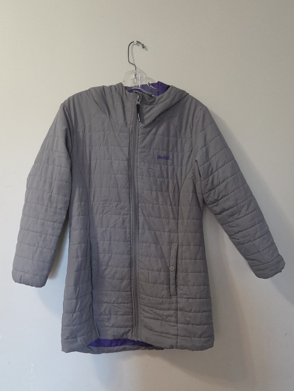 Bench Women’s Gray Quilted Hooded Puffer Coat with Purple Accent